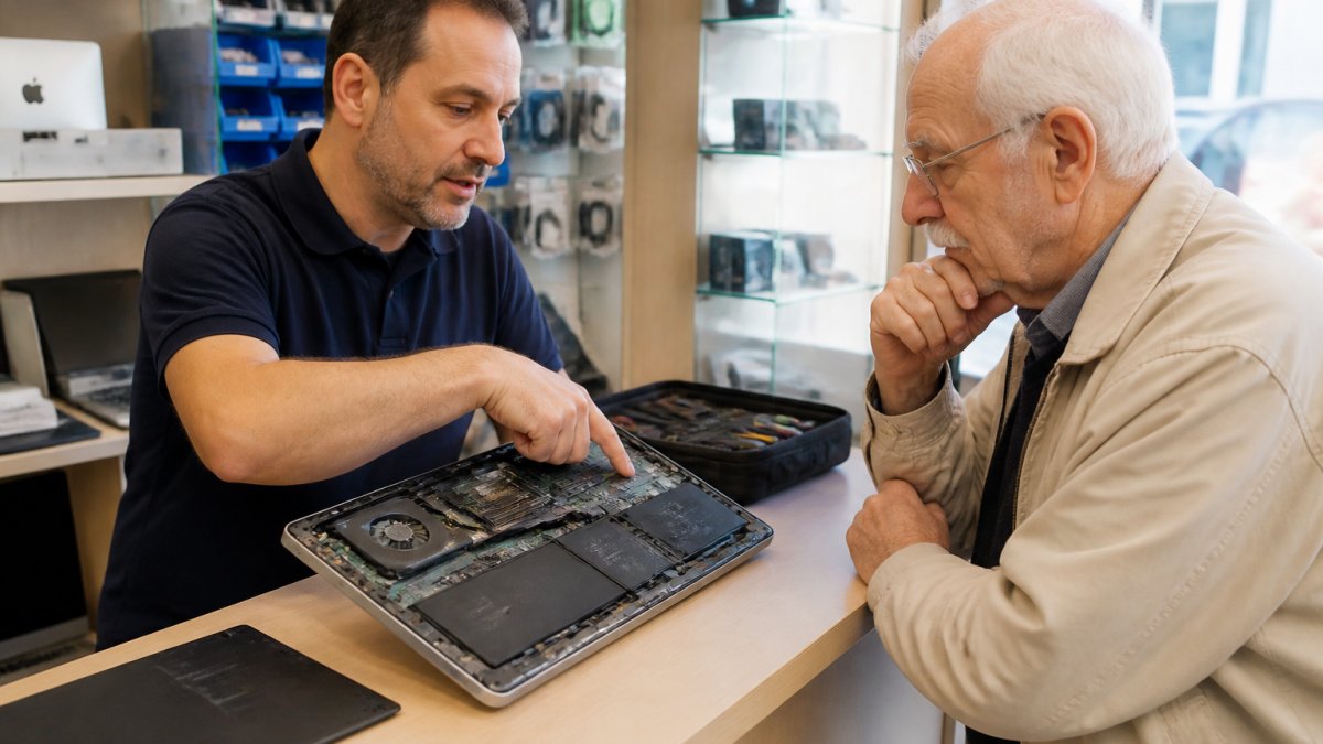 Een ervaren monteur bekijkt samen met een oudere klant een laptop op de balie van een computerwinkel, wijst naar het scherm en legt rustig uit wat er wordt schoongemaakt