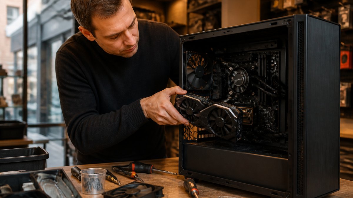 Monteur plaatst een nieuwe videokaart in een computerkast voor een gaming pc upgrade in een werkplaats