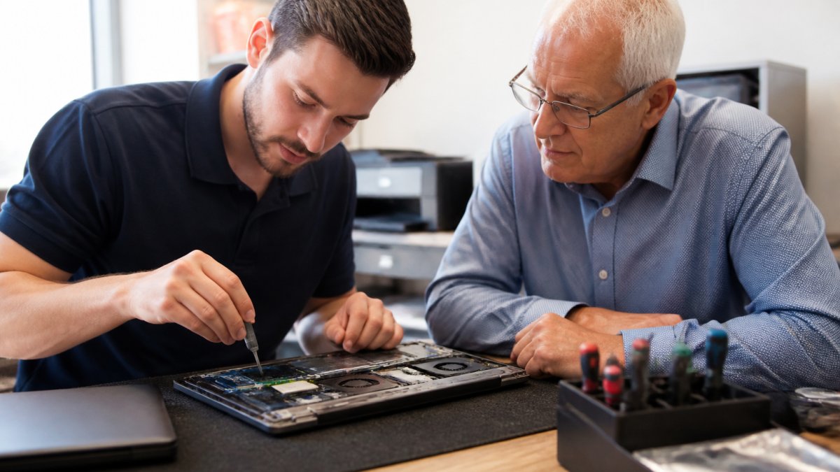Technicus legt een laptop uit aan een klant tijdens een professionele pc reparatie in de werkplaats